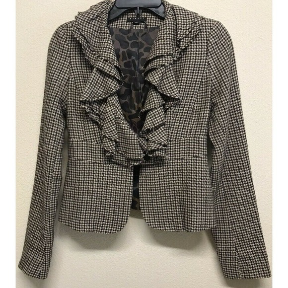 Sisley Brown Houndstooth Cropped Blazer Size2/36 Ruffled Vintage - Picture 1 of 5